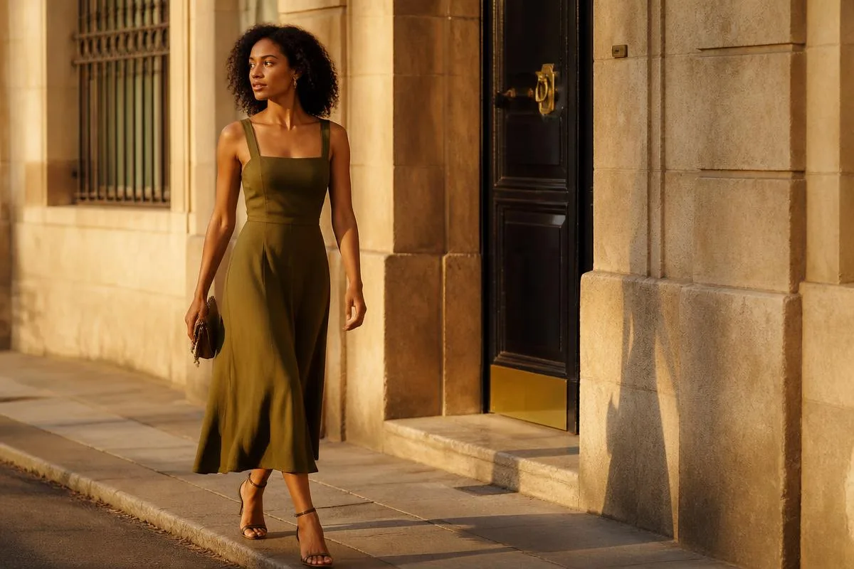A petite woman in a midi dress photographed in natural light