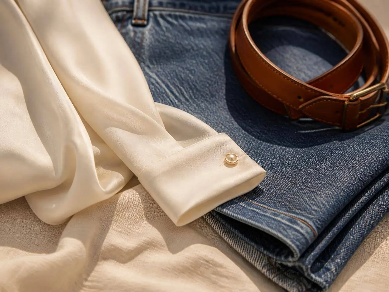 Denim folded with a silk shirt and leather belt, styled for a petite frame