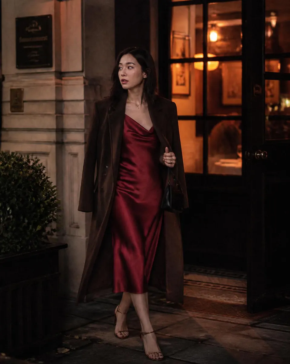 A petite woman in a red evening dress showing hem and waist placement