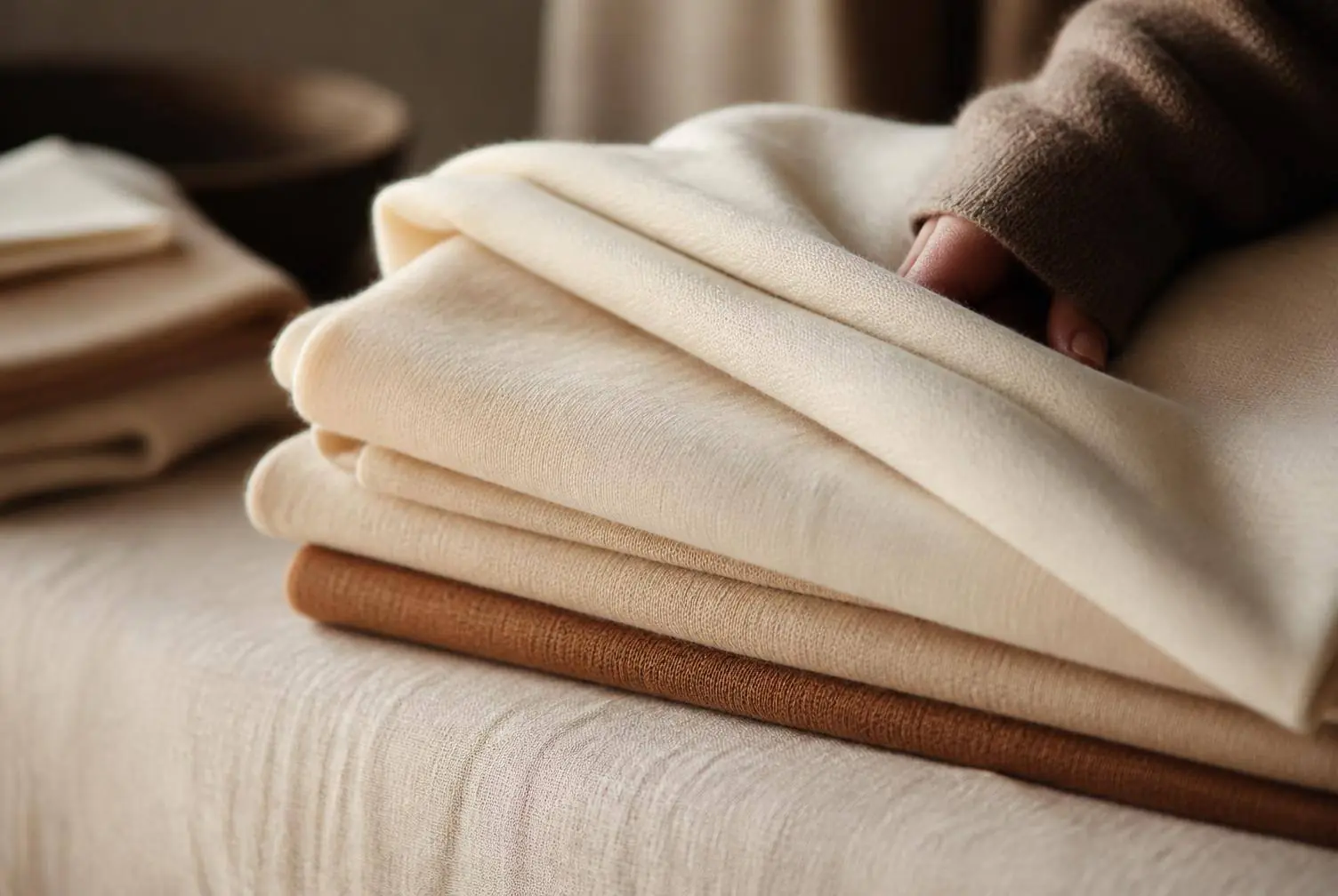 Folded fabric in warm cream and tan, photographed in natural window light