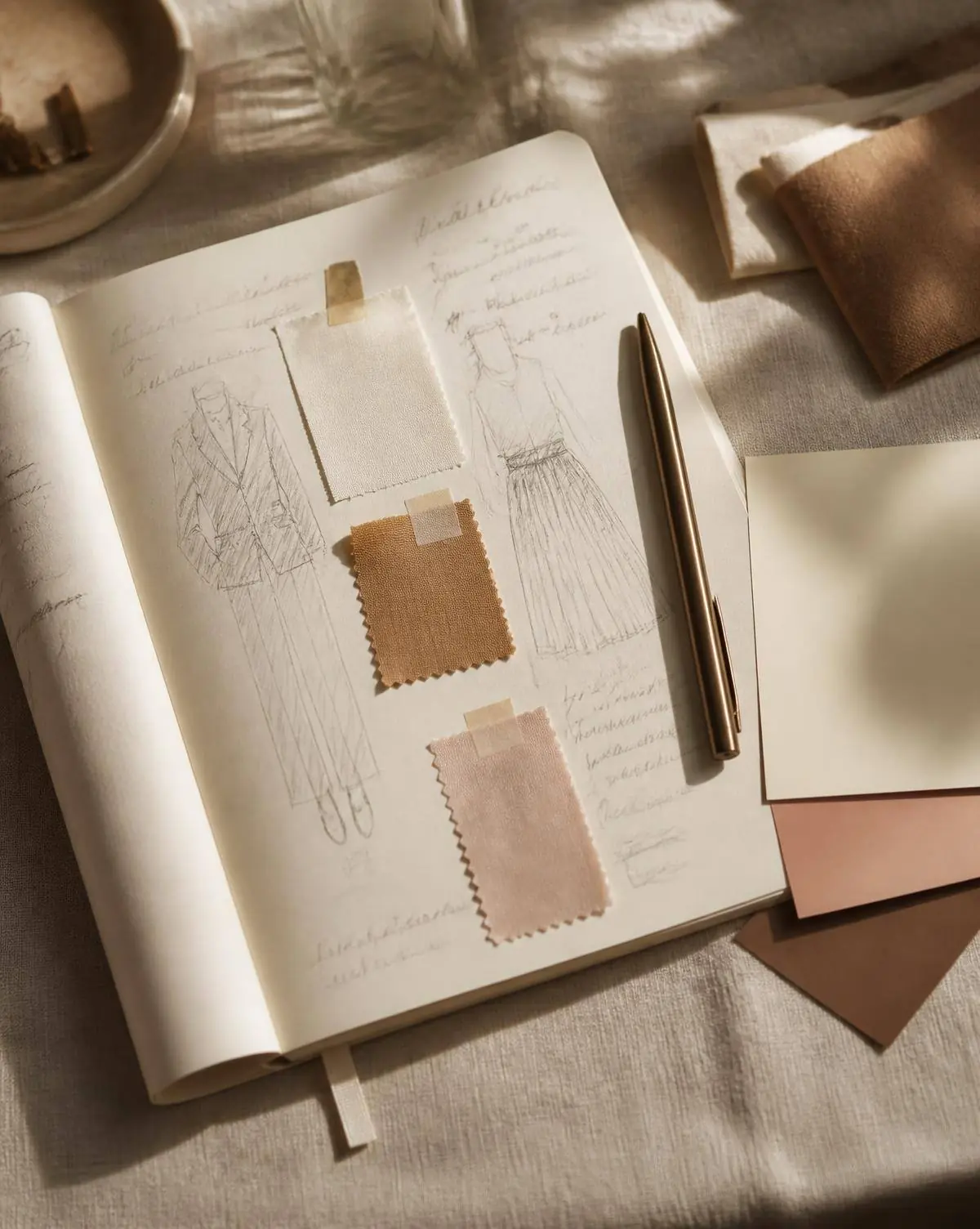 An open fashion sketchbook with hand-drawn outfits, fabric swatches in cream, caramel and blush, and a brass pen
