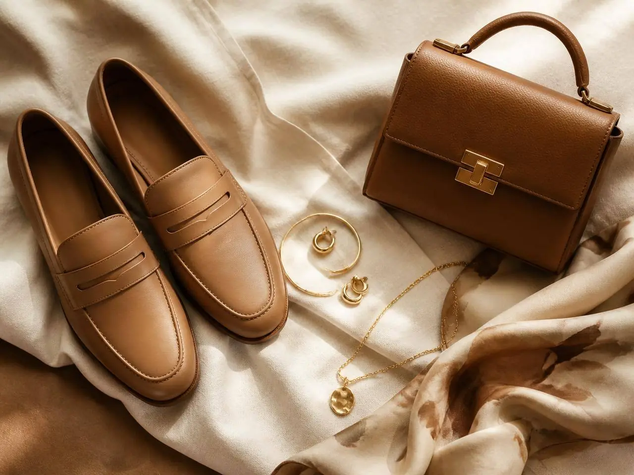 Gold jewellery and a small leather bag arranged on linen
