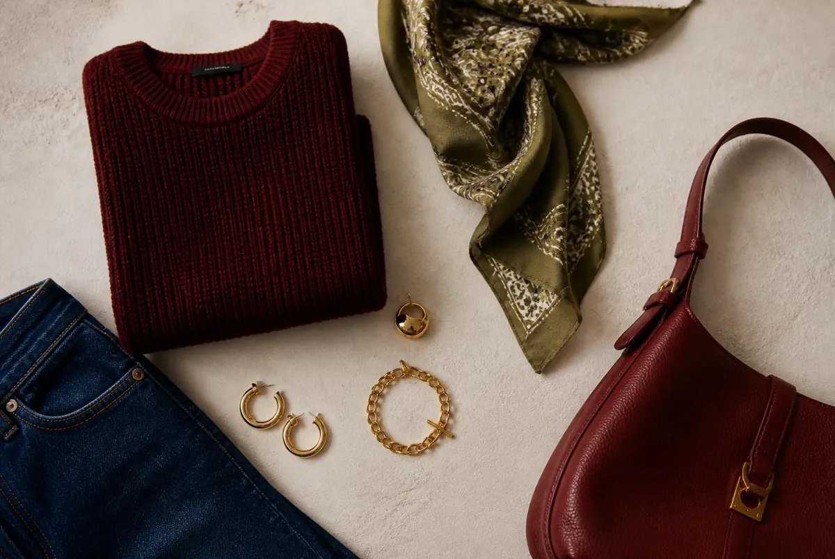 A burgundy knit, olive silk scarf, indigo denim, gold jewellery and an oxblood leather bag on a pale surface