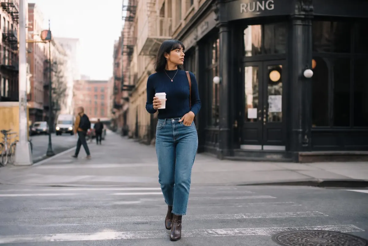 A petite woman in a navy ribbed knit and mid blue straight leg denim
