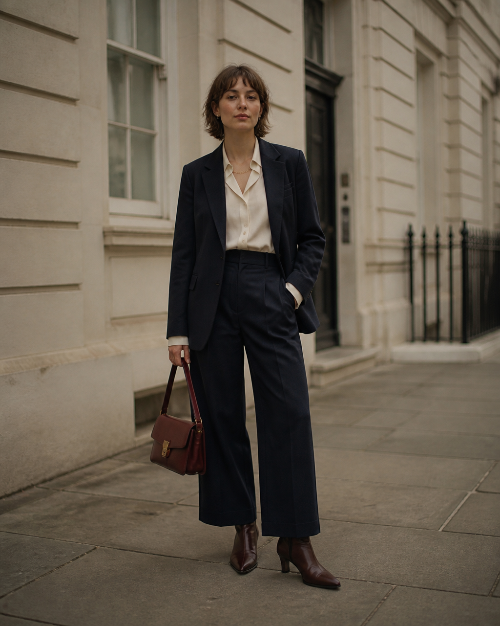 A petite woman in high waisted tailored trousers and a tucked knit