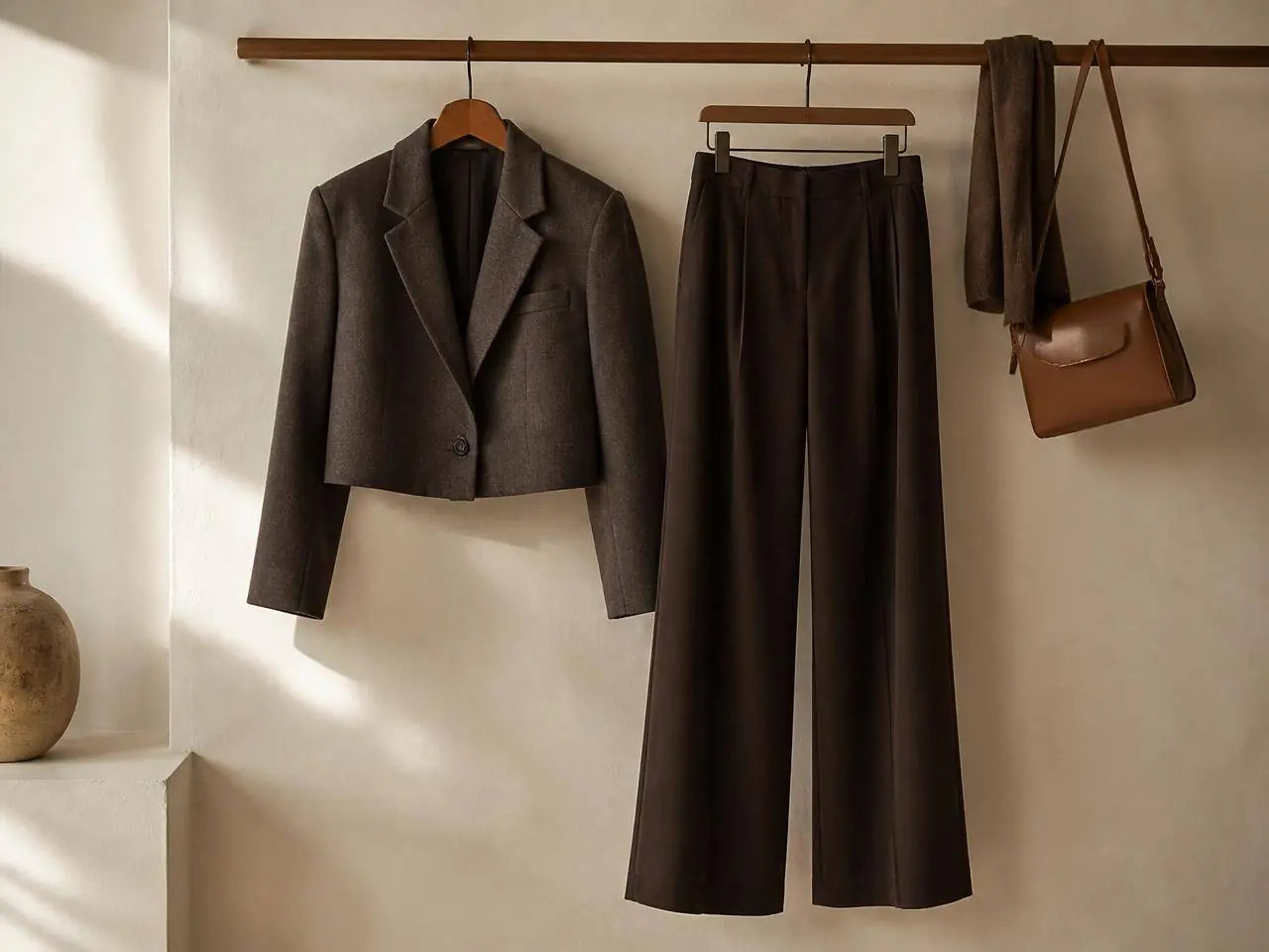 Cropped blazer and wide leg trousers on a wooden rail