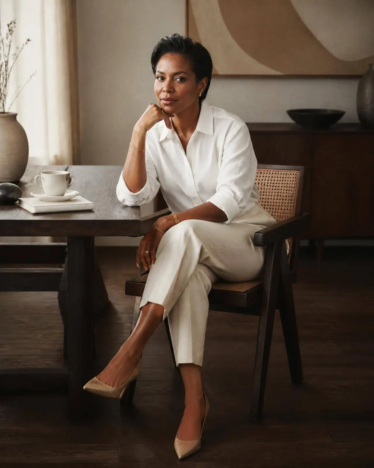 A petite woman in a white shirt and tailored cropped trousers in warm daylight