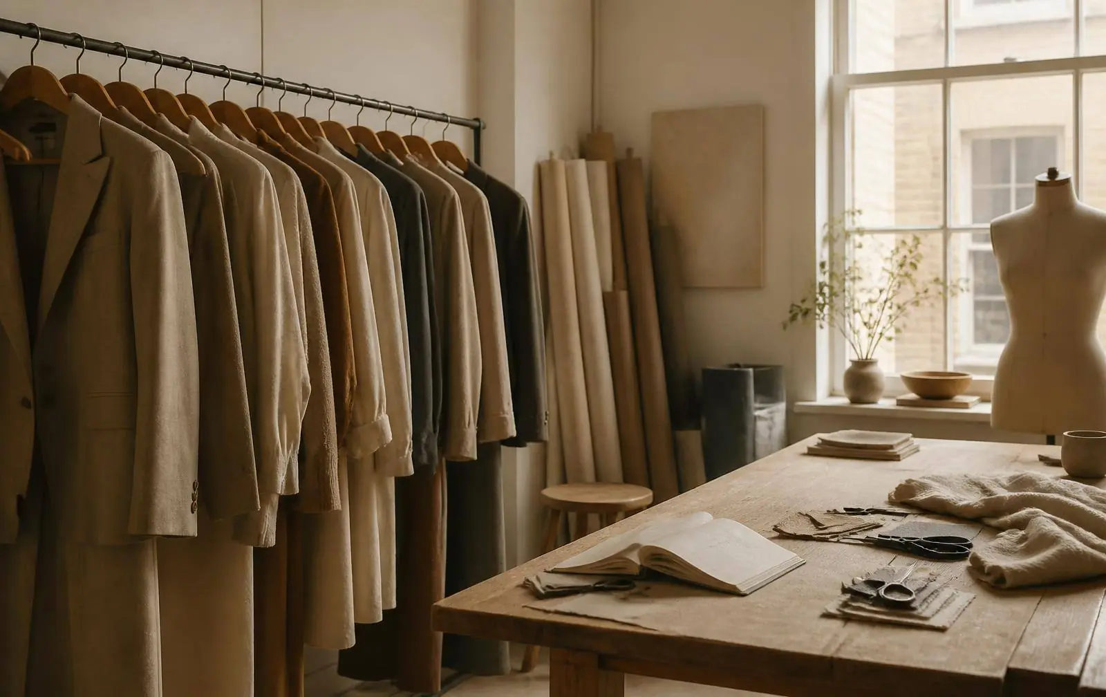 Margot's styling studio: a rail of neutral tailoring, fabric rolls and a work table by the window
